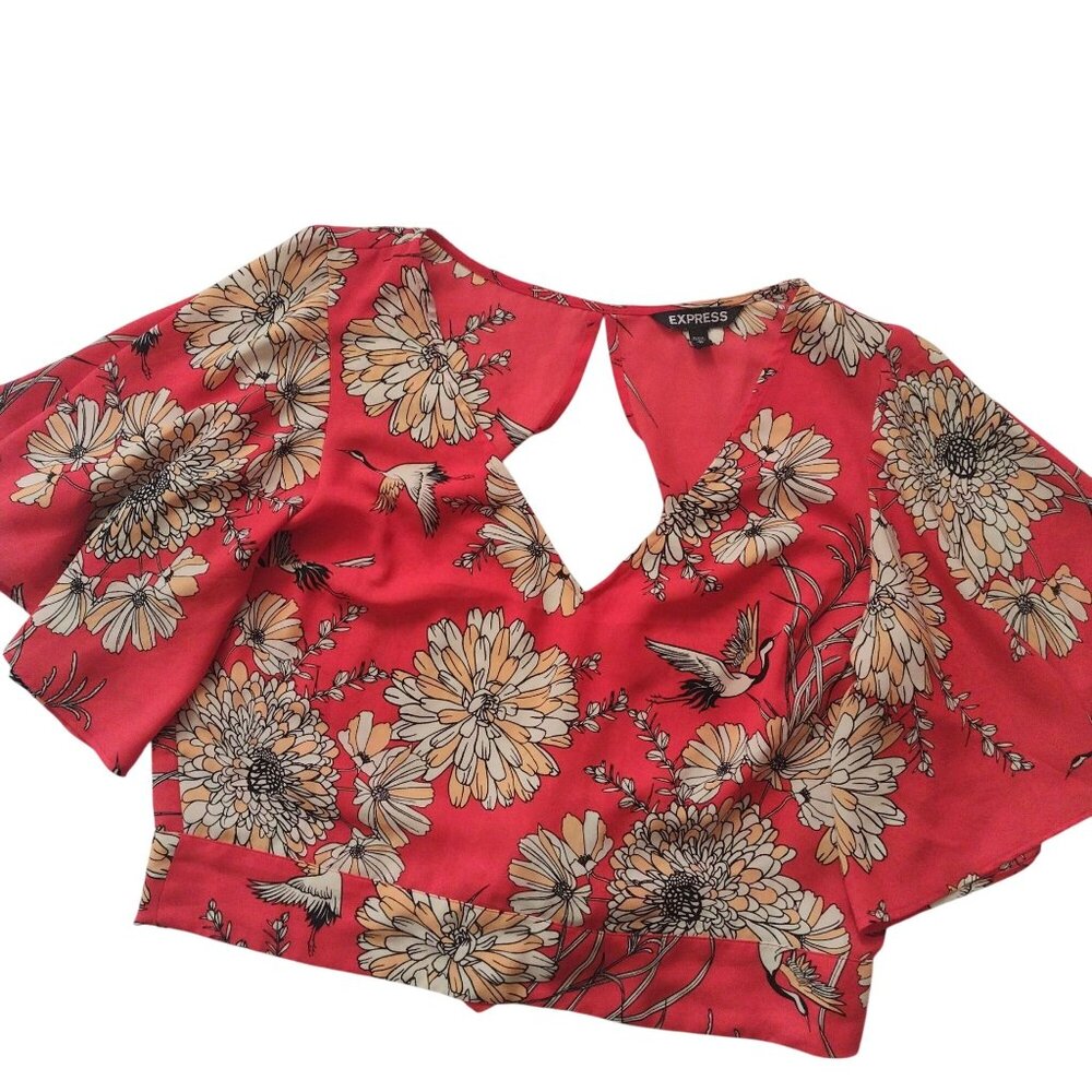 Express Floral Red Crop Top M Open Back w Tie Going Out Blouse
